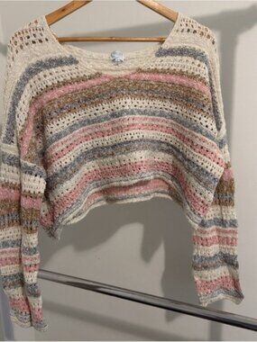 Francesca's Collections Cropped Open-Knit Stripe Sweater in Pink, Cream & Gray